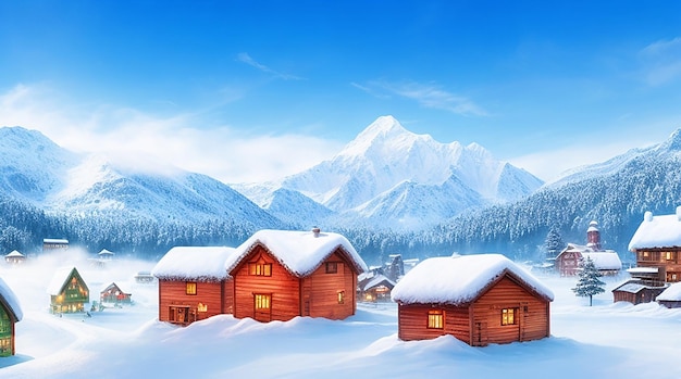 Illustrazione del paesaggio delle montagne e del villaggio d'inverno