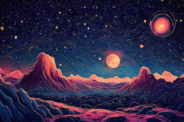 Illustrazione del paesaggio di montagna con la luna e le stelle