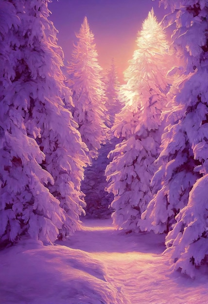 Illustrazione del paesaggio di Natale bellissimo scenario invernale con alberi di Natale e neve