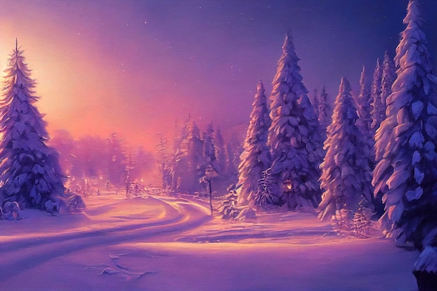 Illustrazione del paesaggio di Natale bellissimo scenario invernale con alberi di Natale e neve