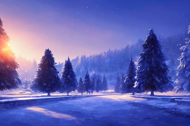 Illustrazione del paesaggio di Natale bellissimo scenario invernale con alberi di Natale e neve