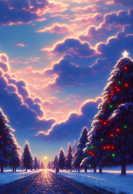 Illustrazione del paesaggio di Natale bellissimo scenario invernale con alberi di Natale e neve