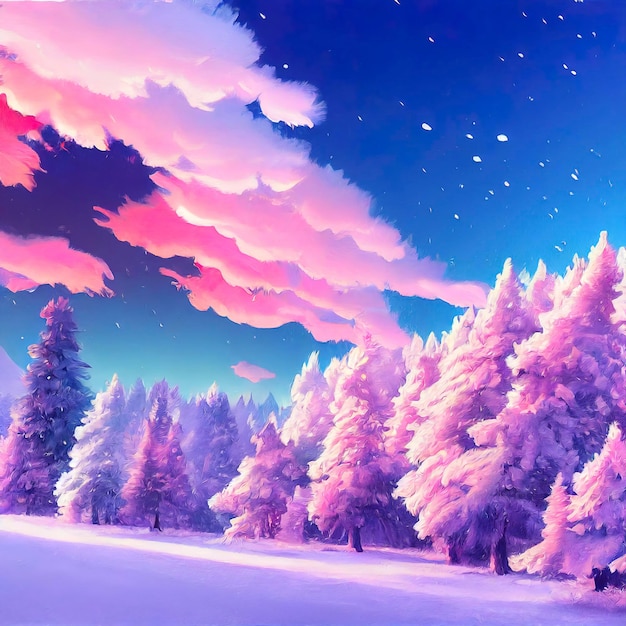 Illustrazione del paesaggio di Natale bellissimo scenario invernale con alberi di Natale e neve