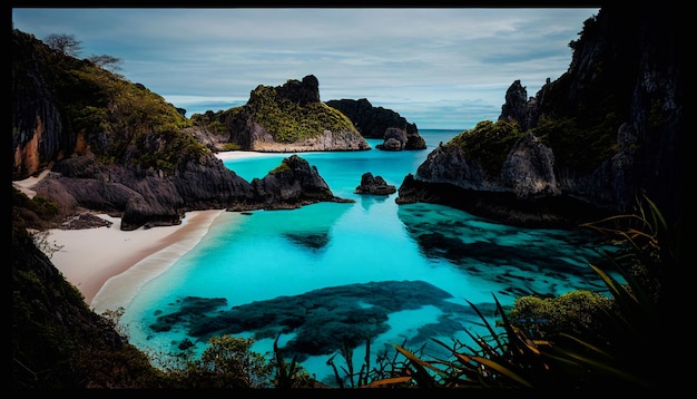 Illustrazione del paesaggio di sfondo del Parco Nazionale delle Isole Vergini di Trunk Bay Beach. adatto per poster, cartoline, stampe d'arte.