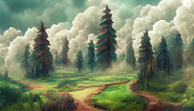 Illustrazione del paesaggio forestale con un'atmosfera densa e nuvolosa