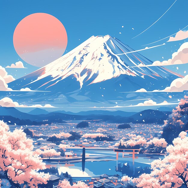 Illustrazione del paesaggio giapponese del monte Fuji