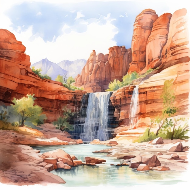 Illustrazione del paesaggio naturalistico della pittura ad acquerello di Red Rock Falls