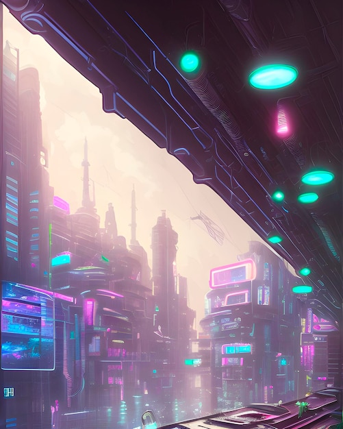 Illustrazione del paesaggio notturno urbano cyberpunk