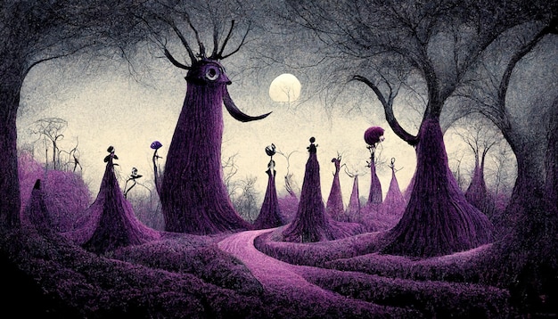 Illustrazione del paesaggio raccapricciante della foresta infestata Fantasy surreale sfondo della foresta di Halloween