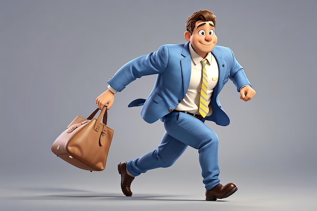 Illustrazione del personaggio 3d della borsa da trasporto in esecuzione dell'uomo d'affari