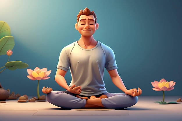 Illustrazione del personaggio dei cartoni animati 3d dell'uomo meditante seduto sul pavimento nella posizione del loto yoga