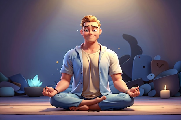 Illustrazione del personaggio dei cartoni animati 3d dell'uomo meditante seduto sul pavimento nella posizione del loto yoga