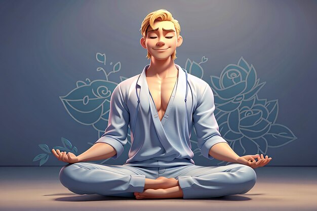 Illustrazione del personaggio dei cartoni animati 3d dell'uomo meditante seduto sul pavimento nella posizione del loto yoga