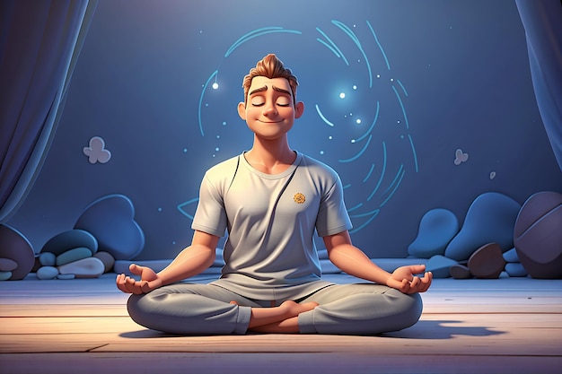 Illustrazione del personaggio dei cartoni animati 3d dell'uomo meditante seduto sul pavimento nella posizione del loto yoga