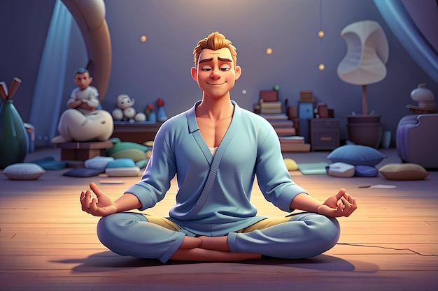 Illustrazione del personaggio dei cartoni animati 3d dell'uomo meditante seduto sul pavimento nella posizione del loto yoga