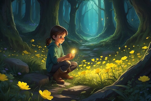 Illustrazione del personaggio di Hidden Glade Discovery con fiori di buttercup luminosi