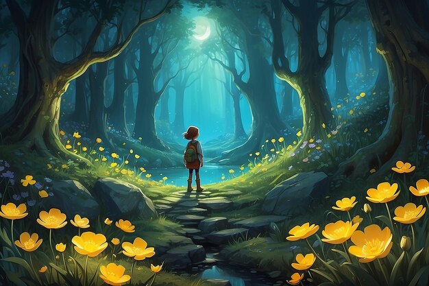 Illustrazione del personaggio di Hidden Glade Discovery con fiori di buttercup luminosi