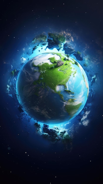 Illustrazione del pianeta Terra con i colori blu e verde circondato da nuvole e stelle