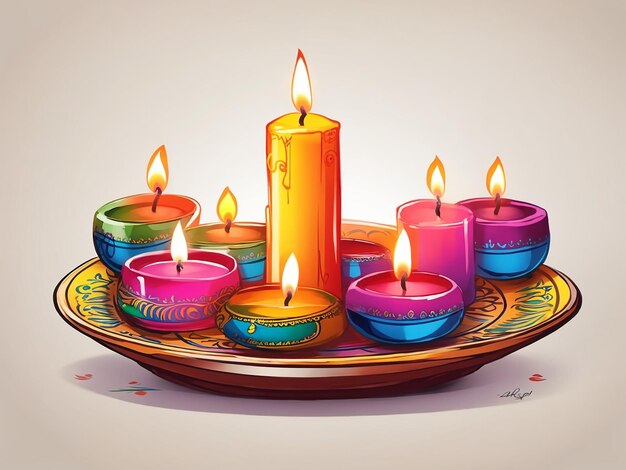 Illustrazione del piatto della candela di illuminazione di Diwali su fondo bianco