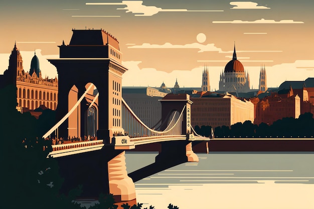 Illustrazione del ponte a catena di Szchenyi Budapest Ungheria