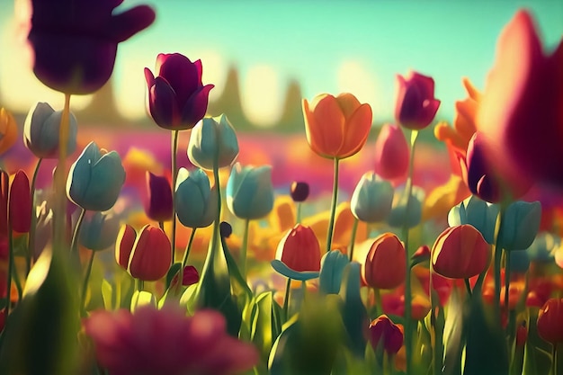 Illustrazione del prato estivo o primaverile con fiori di tulipano colorati AI