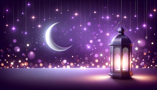 Illustrazione del Ramadan con lanterna e mezzaluna in una notte viola con luci bokeh
