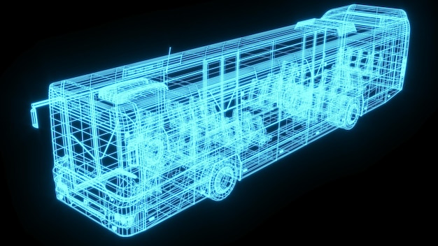 Illustrazione del rendering 3D Bus blueprint ologramma al neon incandescente tecnologia per spettacoli futuristici