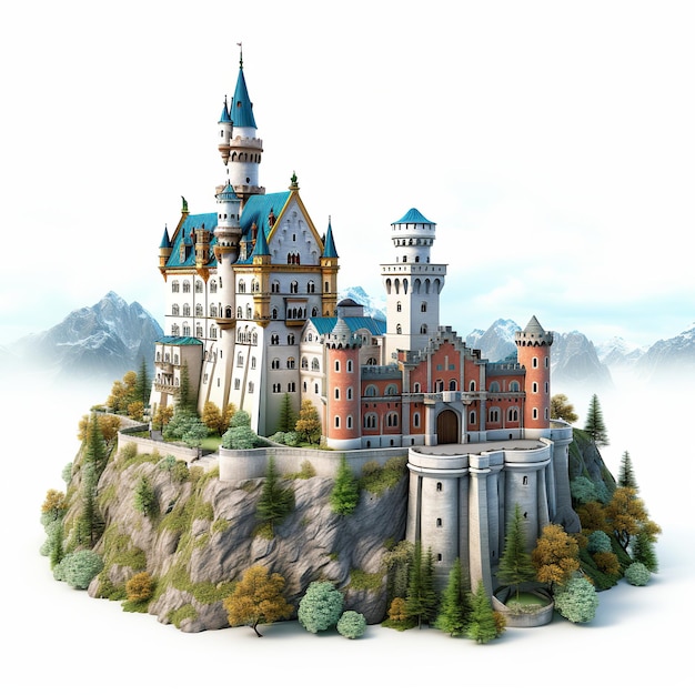 illustrazione del rendering 3D del castello di Neuschwanstein della fata