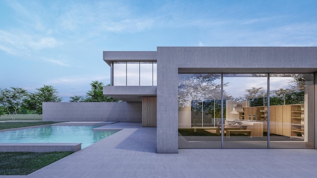 Illustrazione del rendering 3d di architettura di una moderna casa minimale con paesaggio naturale