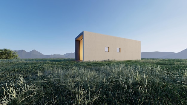 Illustrazione del rendering 3d di architettura di una moderna casa minimale con paesaggio naturale