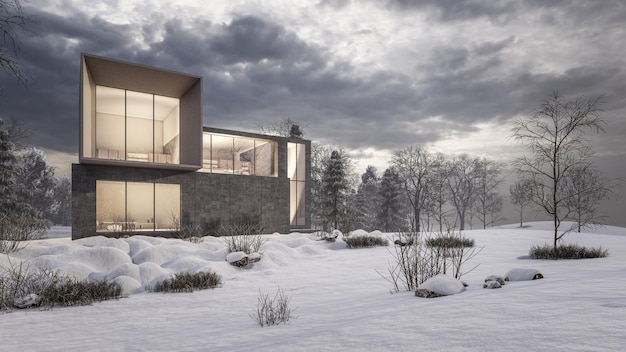 Illustrazione del rendering 3D di una casa moderna con paesaggio innevato