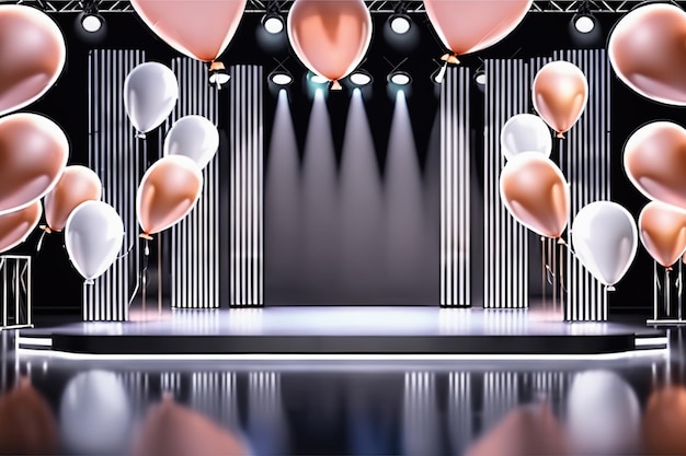 Illustrazione del rendering 3d moderno Palcoscenico vuoto con palloncini luminosi generati dall'intelligenza artificiale