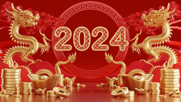 illustrazione del rendering 3d per il felice anno nuovo cinese 2024 il segno zodiacale del drago