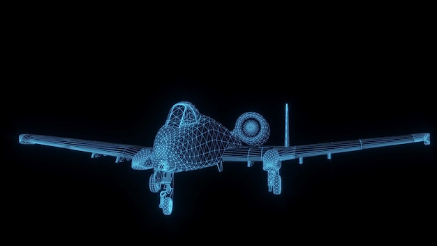 Illustrazione del rendering 3D piano di un aereo da combattimento incandescente ologramma al neon futuristico