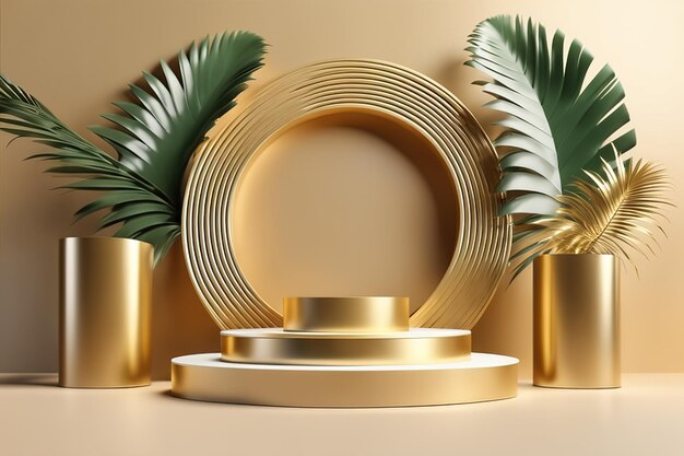 illustrazione del rendering 3d Piedistallo di lusso bianco e oro con foglie di palma dorate generato dall'intelligenza artificiale