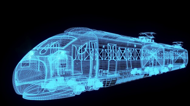 Illustrazione del rendering 3D progetto del treno incandescente ologramma al neon spettacolo futuristico tecnologia sicurezza