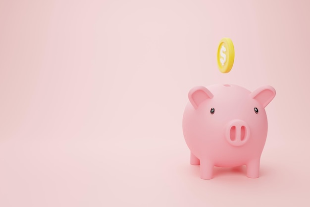 illustrazione del rendering 3d Salvadanaio minimo cartone animato con moneta su sfondo rosa con risparmio di denaro
