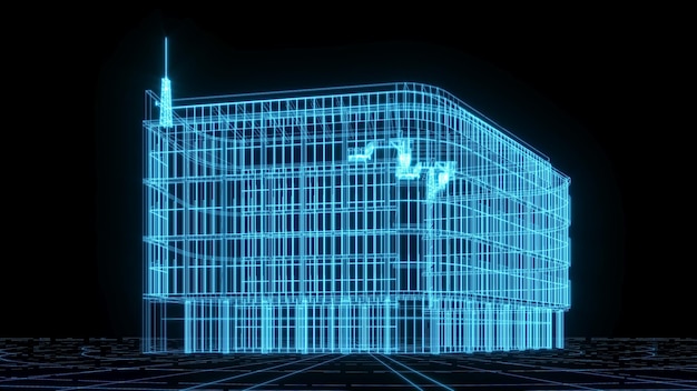 Illustrazione del rendering 3D Tecnologia per spettacoli futuristici con ologramma al neon incandescente