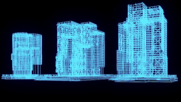 Illustrazione del rendering 3D Tecnologia per spettacoli futuristici con ologramma al neon incandescente