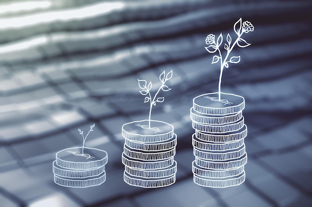 Illustrazione del risparmio di denaro virtuale su sfondo metallico astratto sfocato Concetto di risparmio previdenziale e aumento di capitale Esposizione multipla