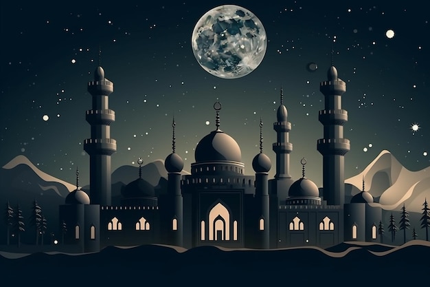 Illustrazione del ritaglio della carta di Ramadan Kareem Night con la luna e le stelle
