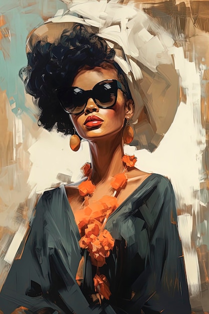 Illustrazione del ritratto di AI generativa di una bella ragazza nera circondata da colori Stile di illustrazione di moda