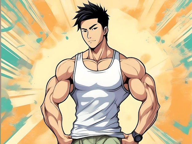 Illustrazione del ritratto di un uomo asiatico muscoloso che posa con una maglietta in un concetto di sfondo astratto.