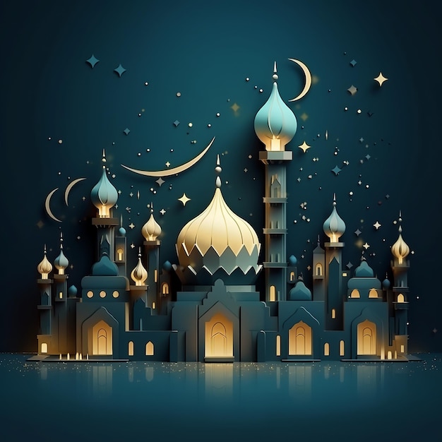 illustrazione del saluto di Eid Mubarak sfondo luce moschea islamica Generative ai