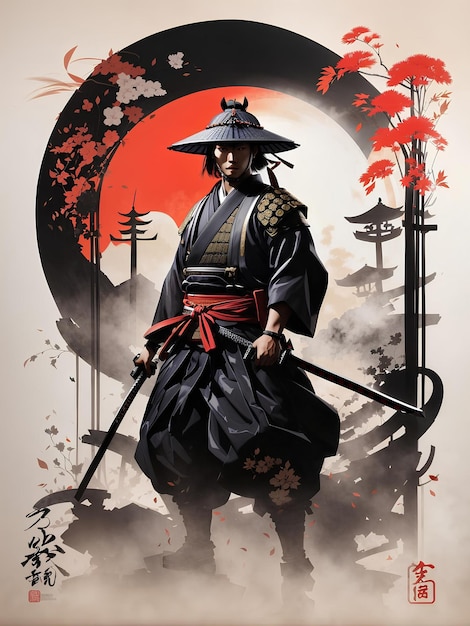 Illustrazione del Samurai Bushido giapponese Arte digitale Pittura in stile 3D Arte vettoriale