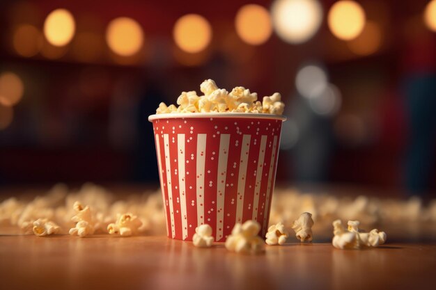 Illustrazione del secchio pieno di popcorn cinema e concetto di intrattenimento bokeh sfondo AI