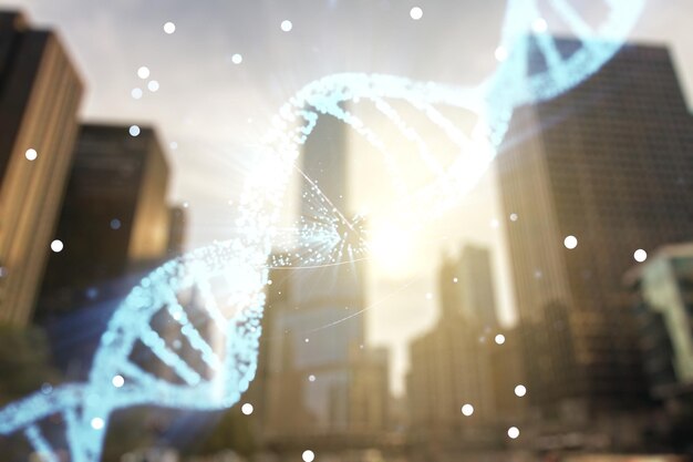 Illustrazione del simbolo del DNA virtuale sullo sfondo degli edifici per uffici Concetto di ricerca sul genoma Multiesposizione