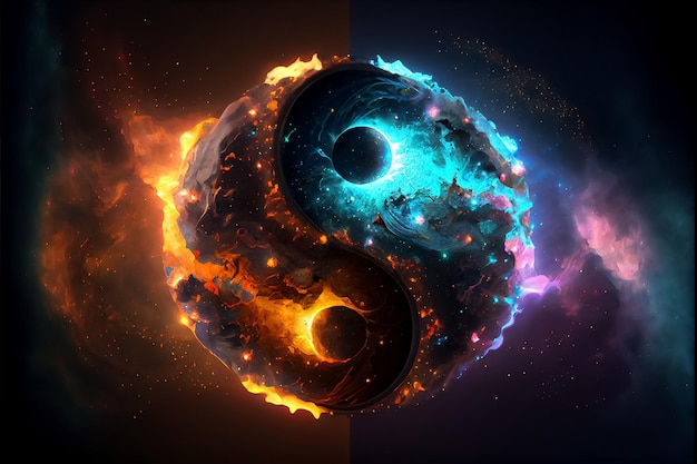 Illustrazione del simbolo tao del concetto cosmico yin yang con bagliore arcobaleno AI