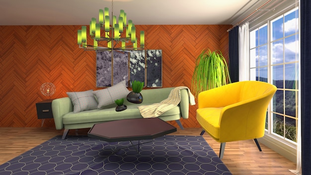 Illustrazione del sofà zero di gravità che si libra nel salone