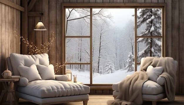 Illustrazione del soggiorno scandinavo calore in una casa confortevole Inverno fuori nelle finestre Nordico